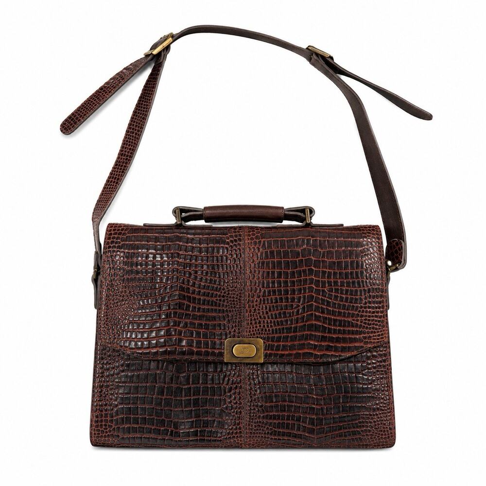 Bruno Magli Treemme Brown Embossed Leather Messenger Briefcase Italy Vintage
